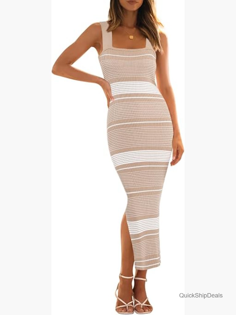 Sleeveless Striped Ribbed Knit Bodycon Midi Dress Square Neck